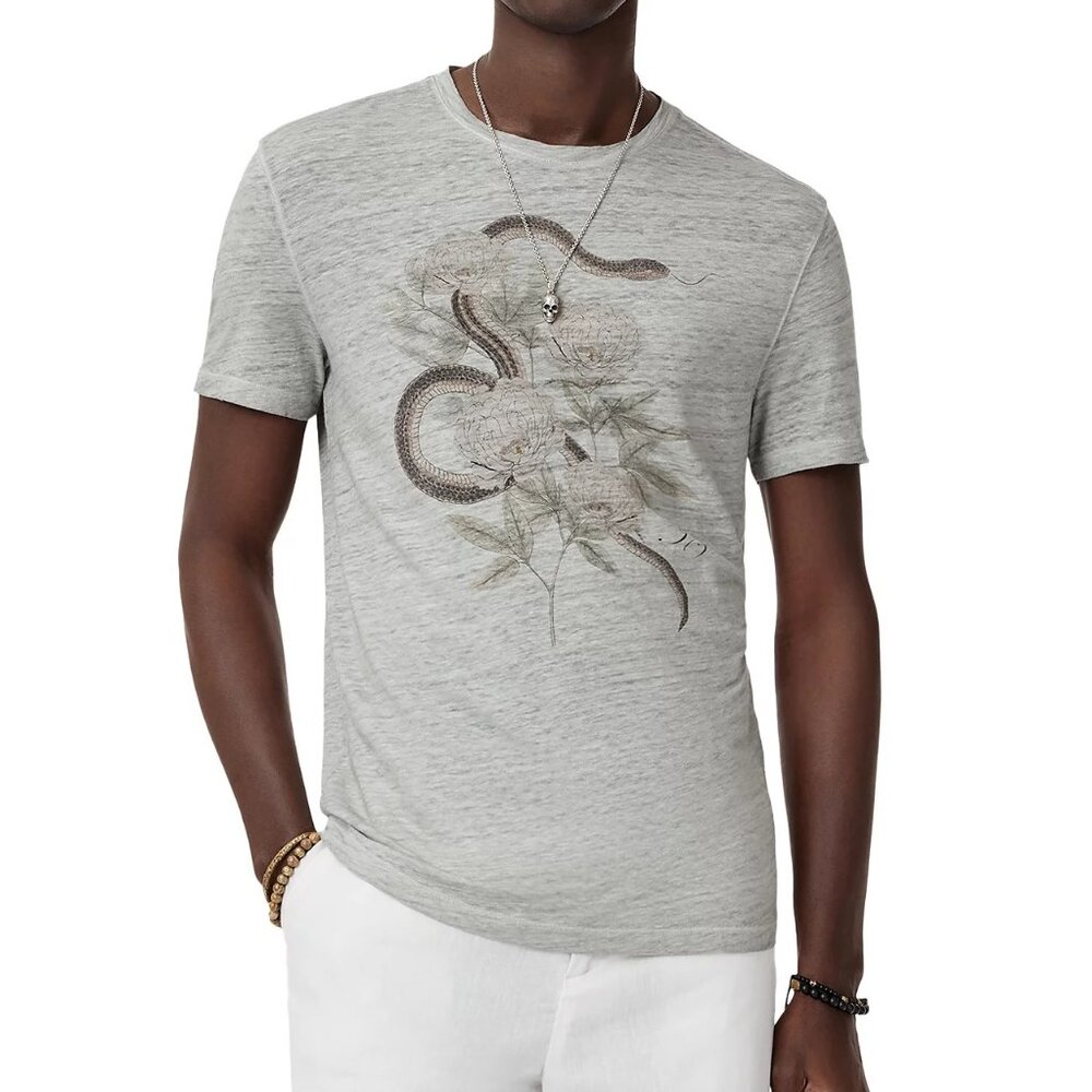 John Varvatos Mens Size XL Smoked Pearl Grey Snake Floral Linen Crew Tee NWT 148